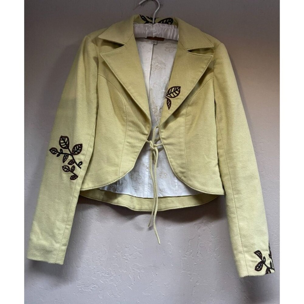 Resurrected Women's Medium Cotton Yellow Cropped Blazer Jacket Floral Pattern